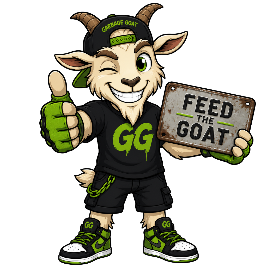Garbage Goat mascot giving a thumbs up